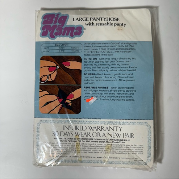 Vtg Big Mama Vintage Sunlight Pantyhose Large 165-230 lbs w Reusable Panty - Picture 3 of 4